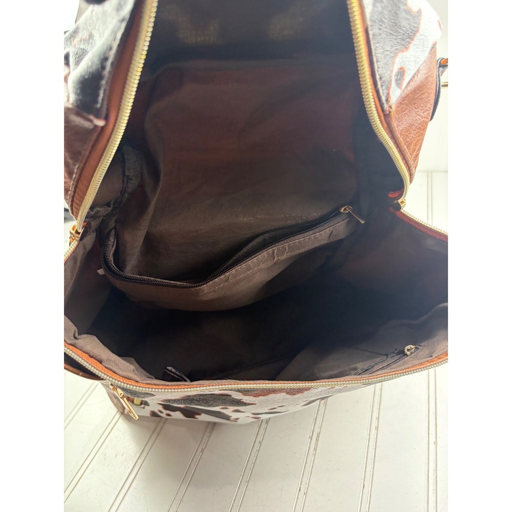 Vintage Y2K Cow Print Boho Western Brown White Faux Leather School Back Pack - Picture 8 of 13